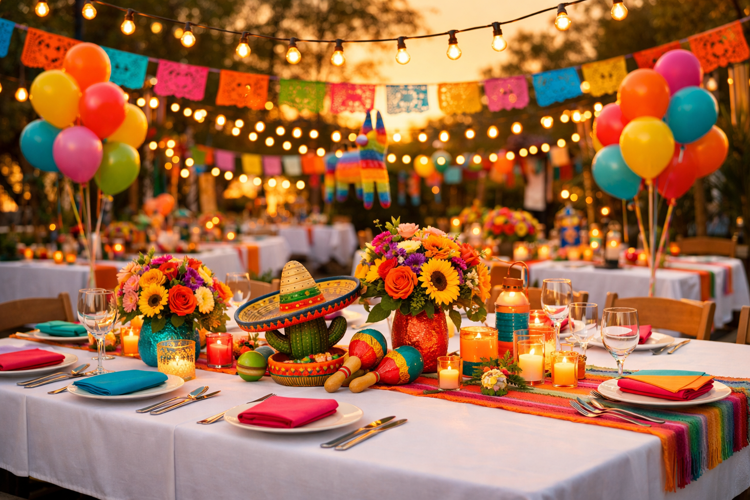 Festival konseptinde dekorasyon detaylari ve renkli masa duzeni