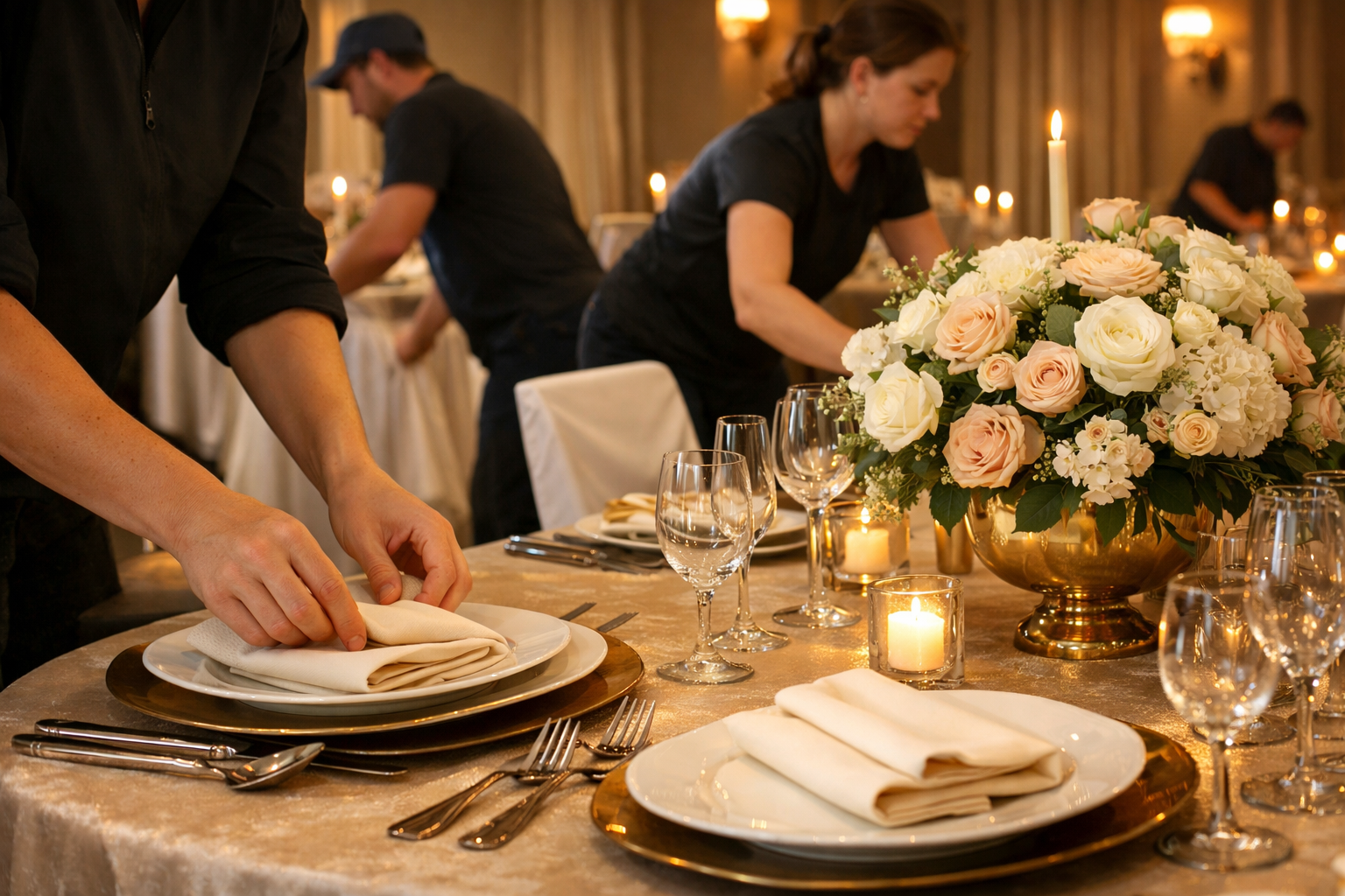 Etkinlik oncesi dekorasyon ve masa kurulum hazirligi